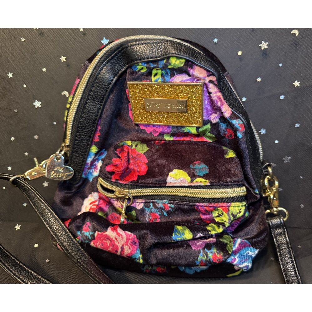 Betsey Johnson Mini Backpack Convertible Crossbody Bag Floral Velvet